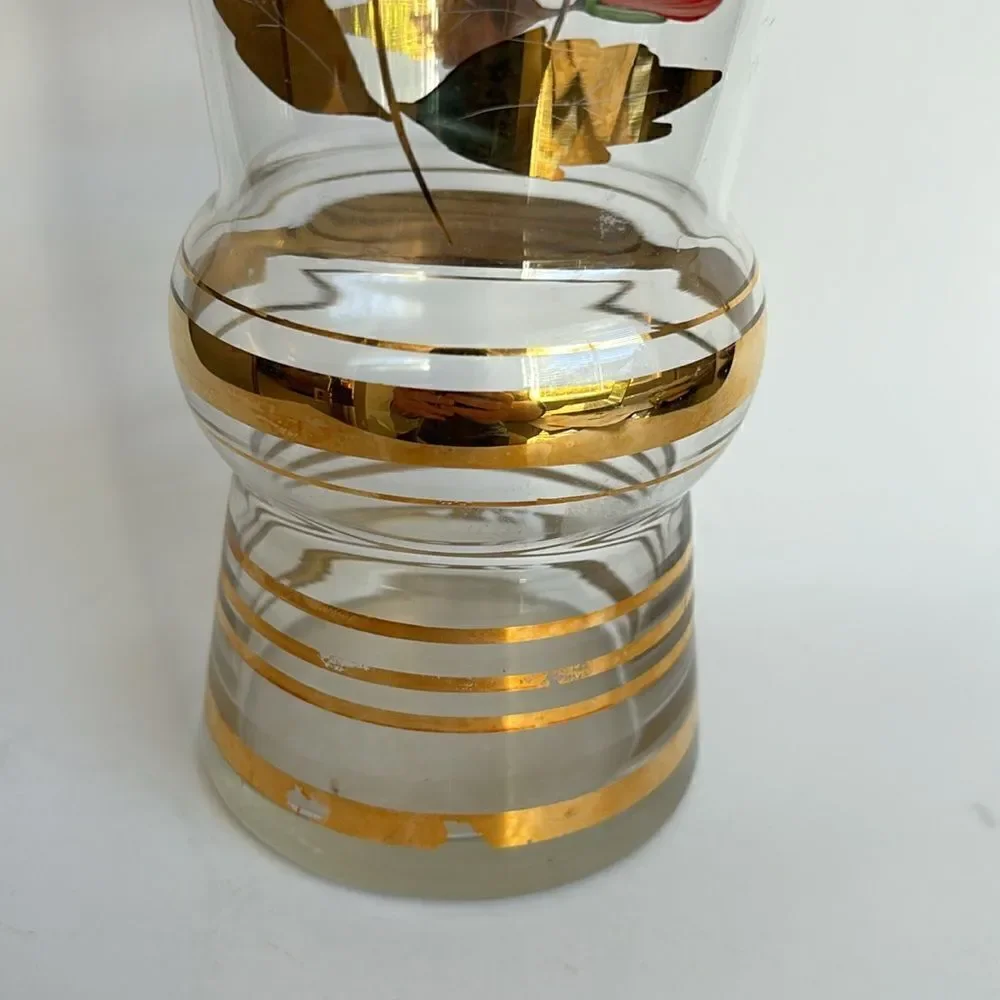 Large Vintage Clear Glass Vase Painted Flowers Gold Bands and Rim